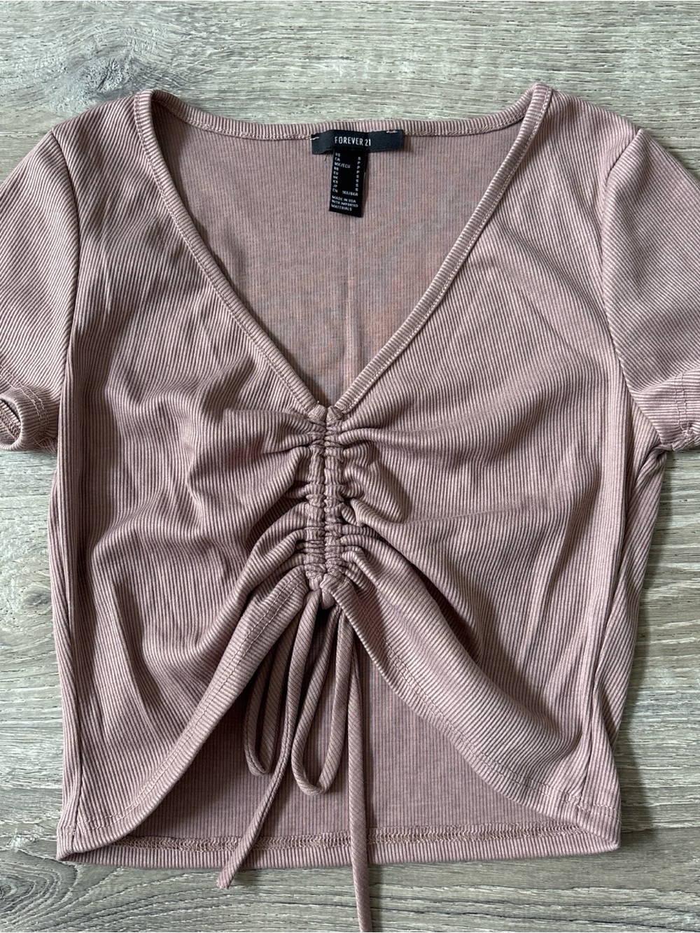 Forever 21 Dusty Mauve Ribbed Ruched Drawstring Crop Top